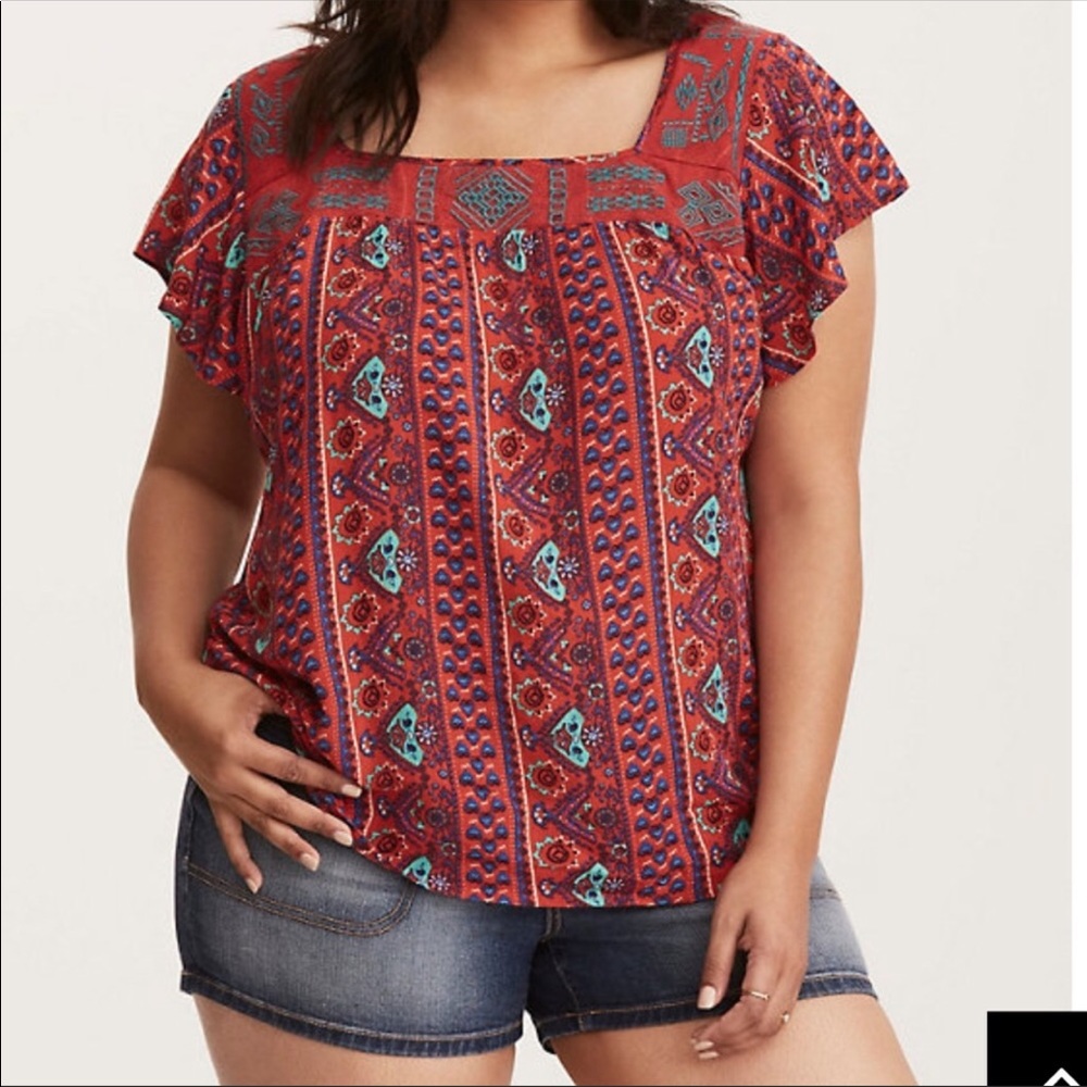 Torrid Embroidered Blouse Square Neck Paisley 1X